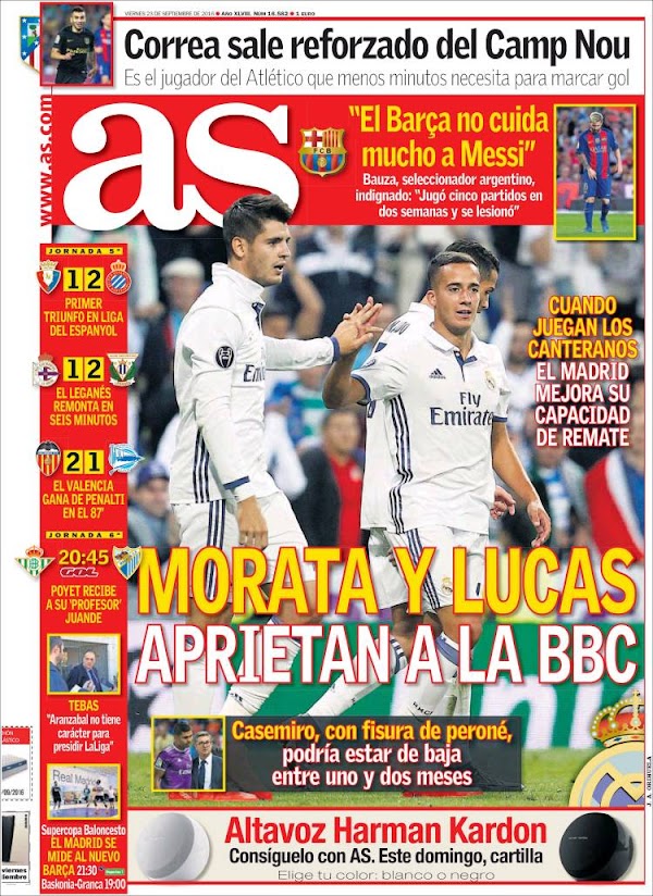Real Madrid, AS: "Morata y Lucas aprietan a la BBC"