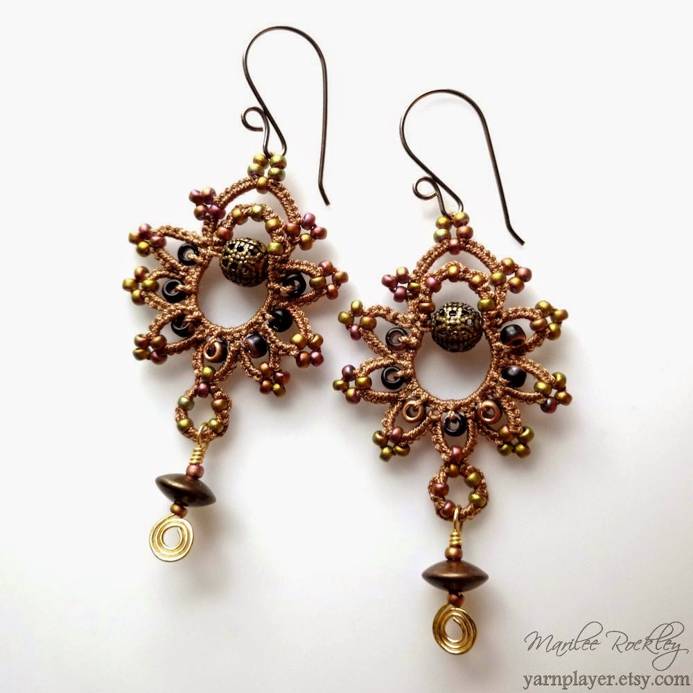Yarnplayer's Tatting Blog Mixed Media Earrings Tatting, Beads, and Wire Wrapped Dangle