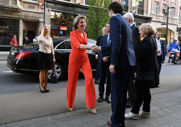 Queen Mathilde of Belgium visited Academics for Development at Leuven Catholic University (KU Leuven). Queen Mathilde wore Natan crepe jumpsuit