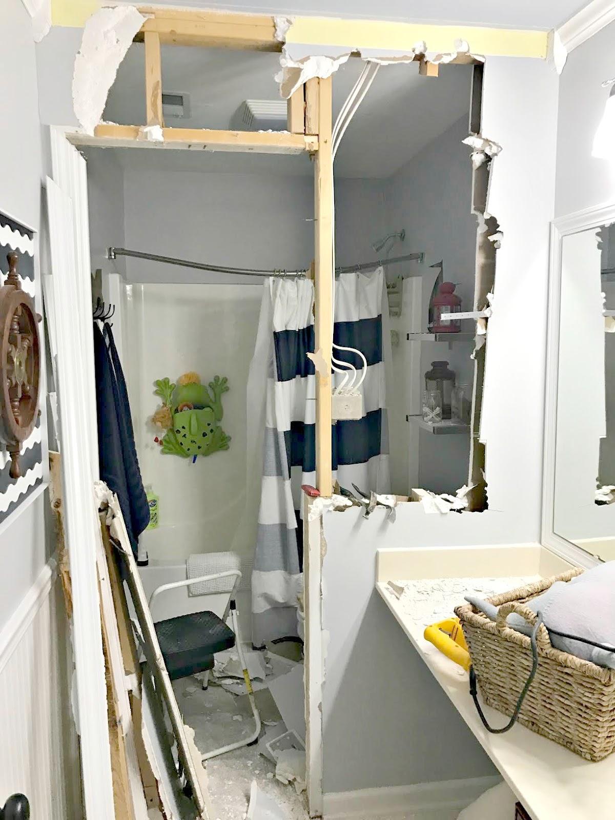 The Bathroom Renovation Has Started From Thrifty Decor Removing Wall Down Middle Of Bathroom How To Take