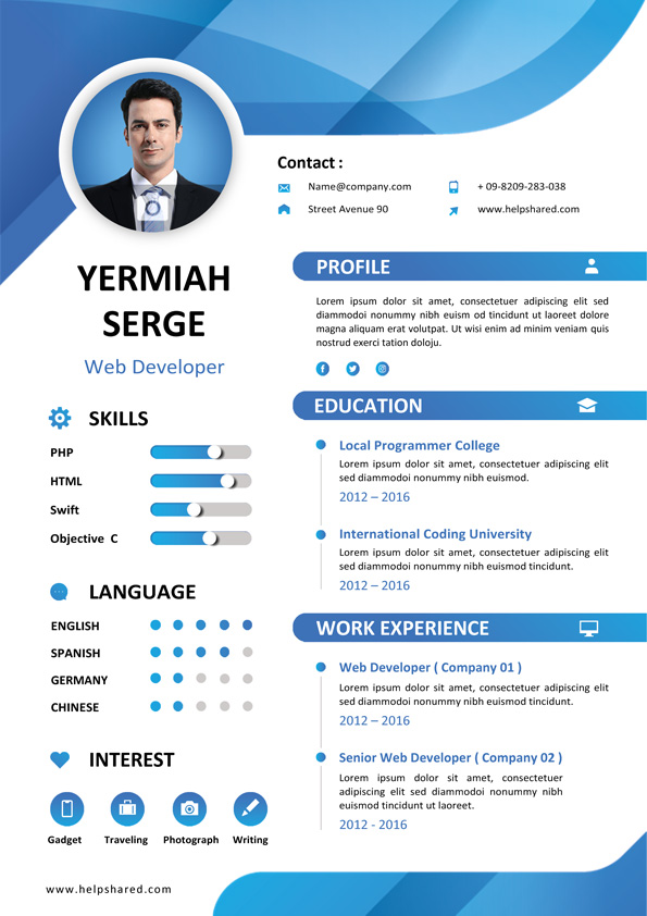 online curriculum vitae template with blue elements
