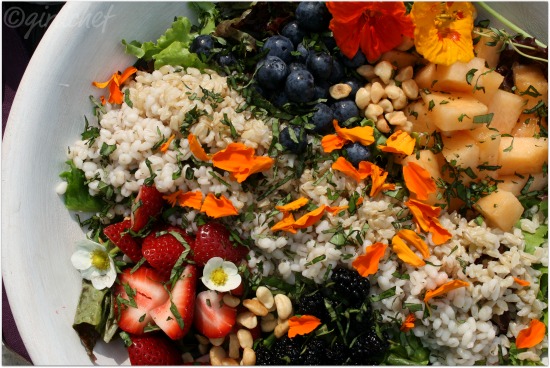 Fruit and Grains Salad with Edible Flowers and Strawberry Vinaigrette