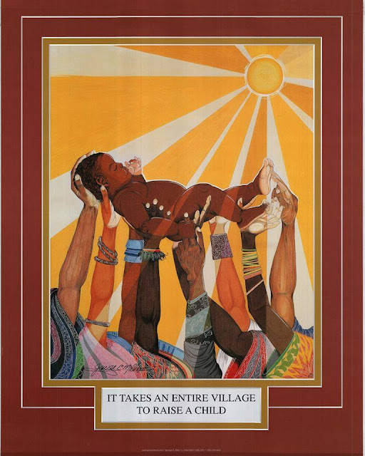 It Takes a Village to Raise a Child by George E. Miller depicts an African child raised in the air from the arms of many unseen people. The color of the skin show many hues from pale to dark brown, as is the colorfulness of the clothes. While all the other arms are holding the child up, one hand on the rightmost arm is tickling the child's foot.
