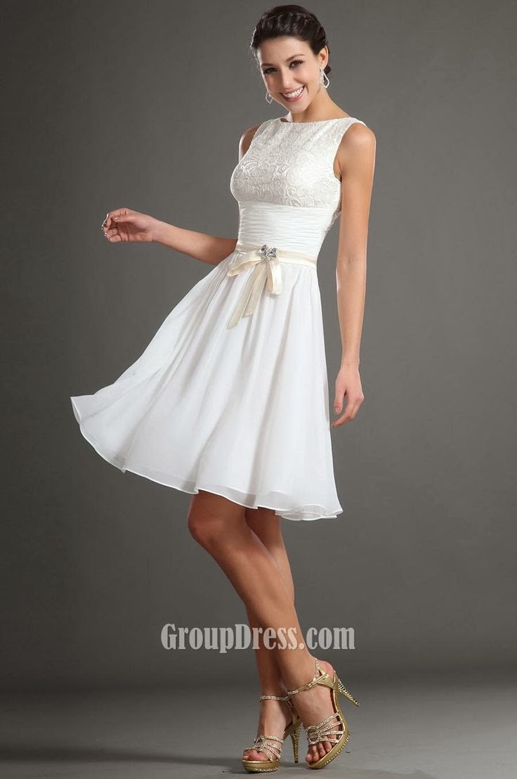 White Boat Neck Sleeveless Empire Lace Bodice A-line Knee Length Prom Dress