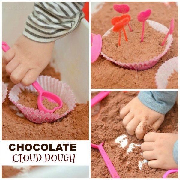 Chocolate cloud dough feels like fluffy clouds in your hands, yet it is mold-able. So fun! Great for Valentine's themed play