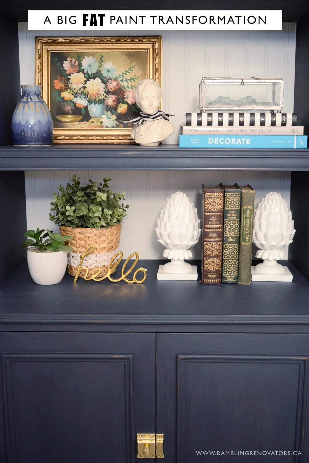 Navy bookcase painted with FAT Paint | Ramblingrenovators.ca