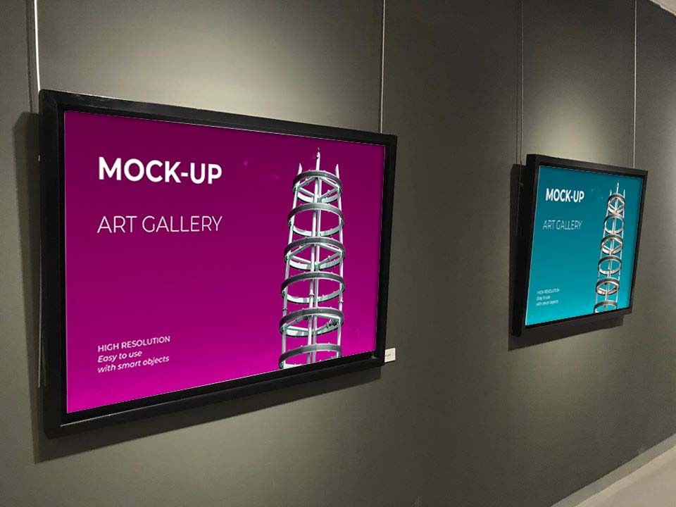 Two Frames Art Gallery Mockup PSD Template. Στάλες στο γαλάζιο