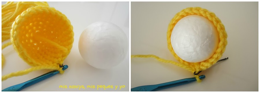 mis nancys, mis peques y yo, guirnalda con bolas de crochet, introducir bola porexpan