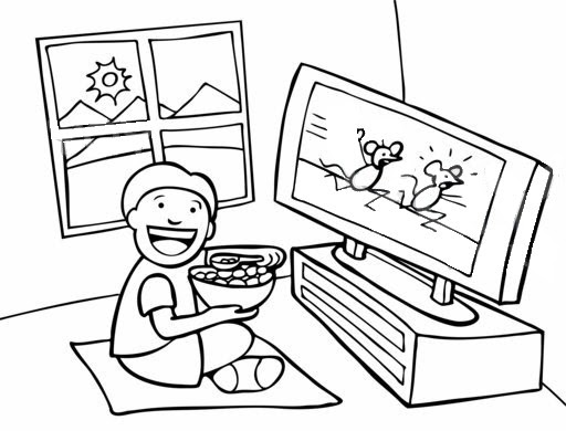 Portal Escuela Colorear niño comiendo y viendo television. Dibujo para  pintar