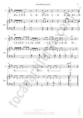 3 Partitura de Piano Acompañamiento a dos manos y Partitura de Voz para coro infantil por José Calatayud Partitura del Villancico Nana Una Nadaleta Per Al Xic Piano Sheet Music & Voice