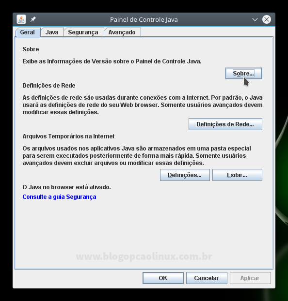 Painel de Controle do Java Painel de Controle do Java