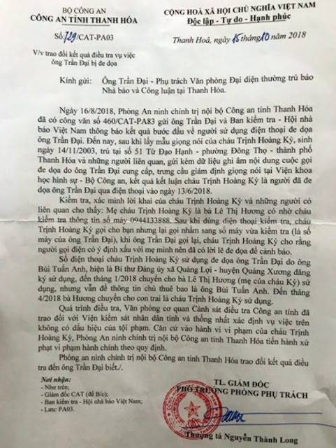 Công văn trả lời của Công an tỉnh Thanh Hóa về vụ việc nhà báo bị dọa giết