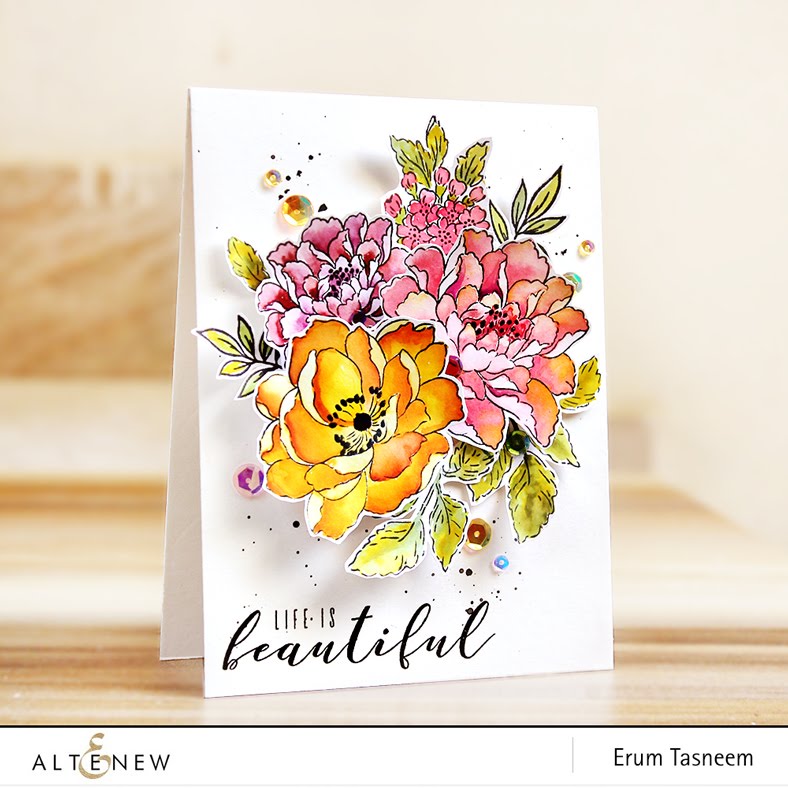 Altenew Beautiful Day | Coral Charm | Peony Bouquet | Remember This | More Than Words | watercoloured with distress inks | Erum Tasneem | @pr0digy0