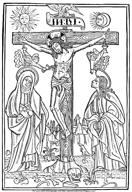 Adult Coloring Page: Spanish Woodcut of The Crucifixion | The Grimm ...