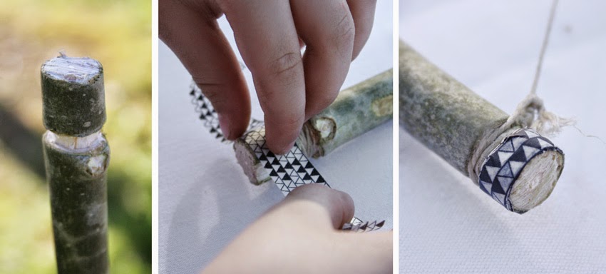 Atar hilo bala en la rama para hacer el diy arco de indio