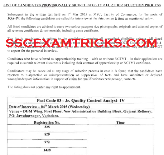 IOCL INTERVIEW SCHEDULE 2015