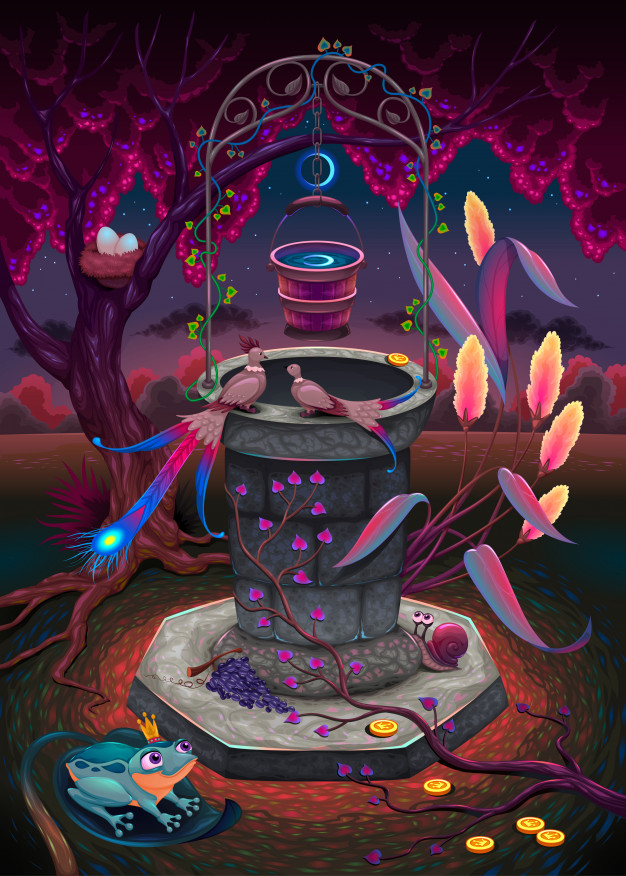 The wishing well in a magic garden Free Vector