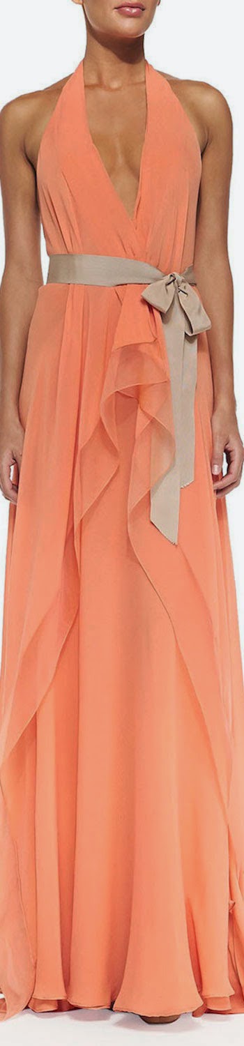 Donna Karan Belted V-Neck Halter Gown melon