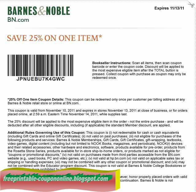 Barnes & Nobles | December Promo Codes, Sales, And Discounts 2018 Ends: 12/09/18 Exclusions: For each customer, this coupon can be redeemed only once per visit at any Barnes & Noble retail cinema15.cf coupon is valid at Barnes & Noble stores from December 6, to December 9, at close of business. This coupon entitles you to get 25% off one item.