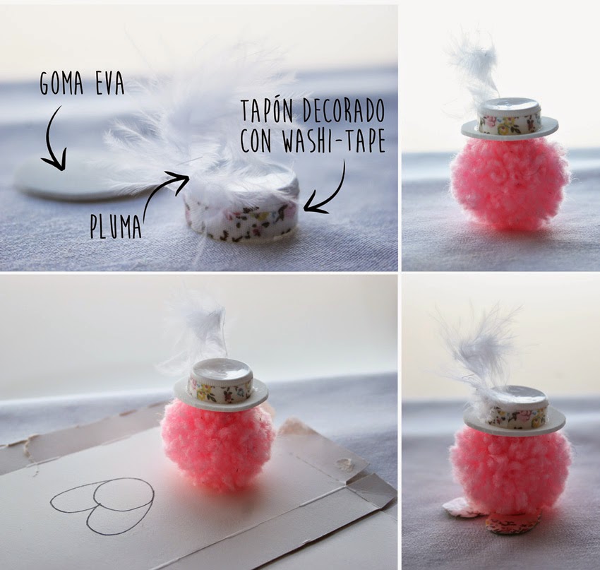 Como hacer muñecos con pompones de lana - Haciendo el sombrero con un tapón, pluma, goma eva y washi-tape