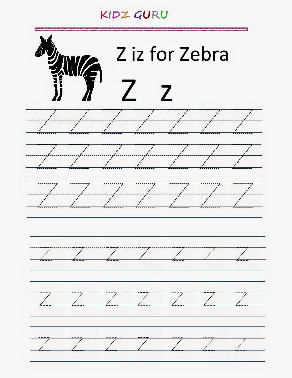 Kindergarten Worksheets: Printable Tracing Worksheet - Alphabet Z z