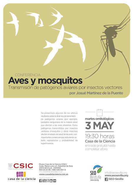 Conferencia: "Aves y mosquitos, transmisión de patógenos aviares por insectos  vectores". Por Josué Martínez de la Puente, 3 de Mayo 2016. Grupo Local SEO-Sevilla.