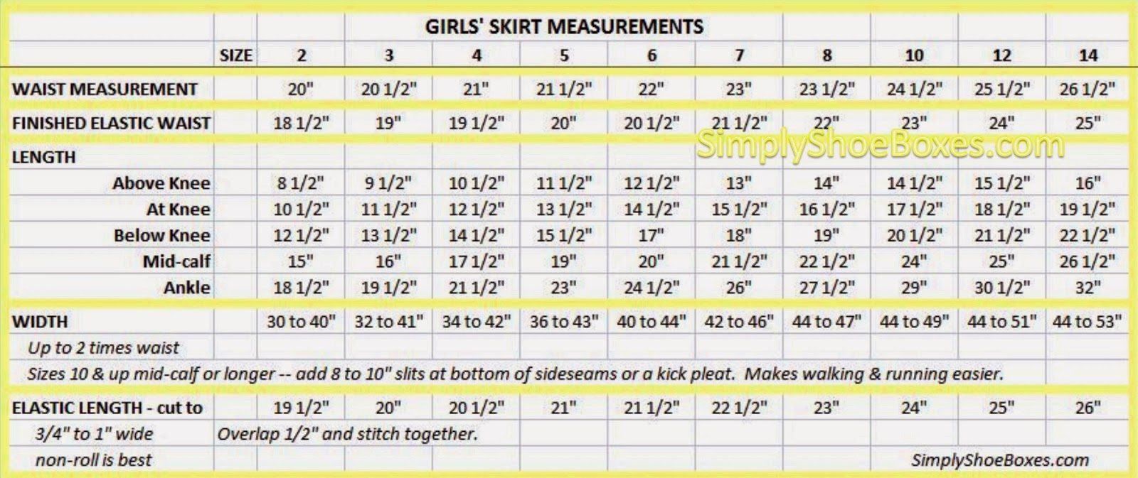 Girl's Skirt Sizing Chart Sizes 2 thru 14