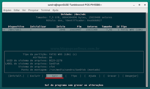 E saia do cfdisk selecionando a opção "Sair"