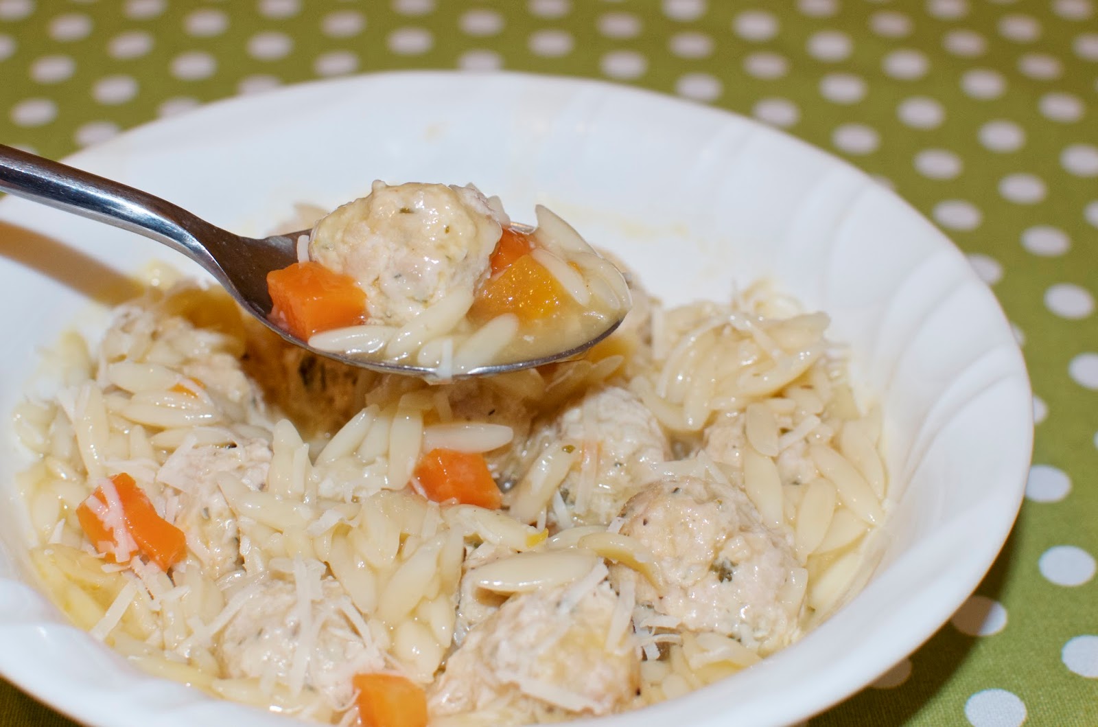 spoonful of Orzo Soup With Garlicky Parmesan Turkey Meatballs