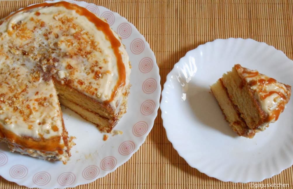 eggless vanilla cake with salted caramel buttercream frosting