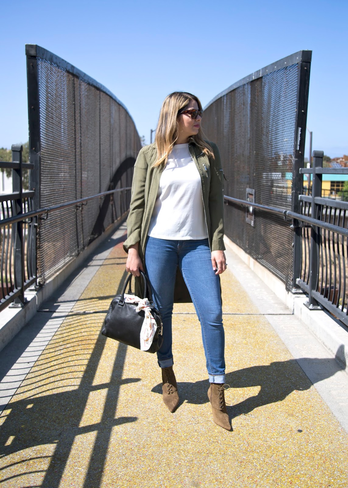 Olive Trench and Jeans San Diego Fashion Blogger, how to wear a long bomber trench, celine sunglasses
