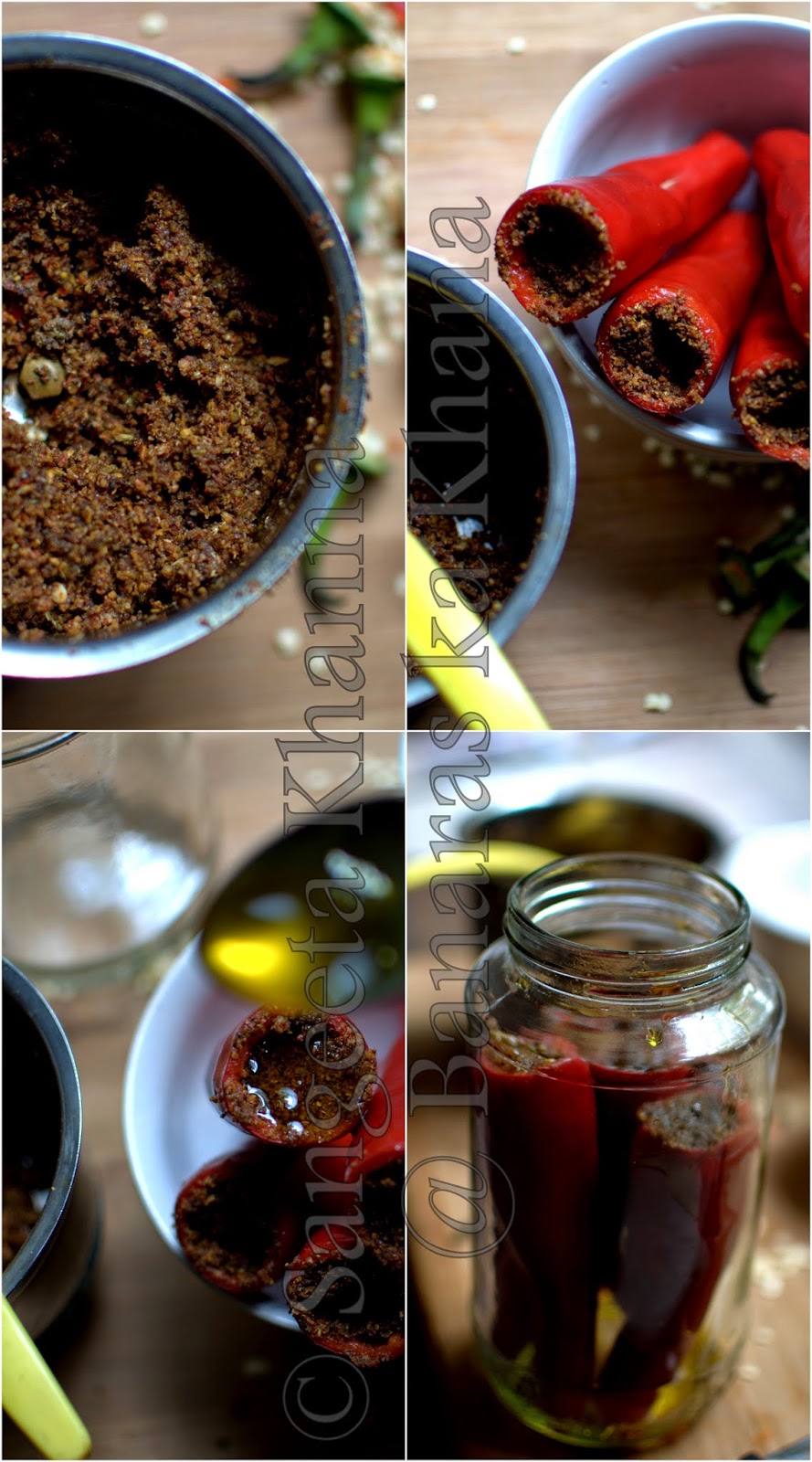 preparing spices and stuffing the red peppers for bharva mirch ka achar