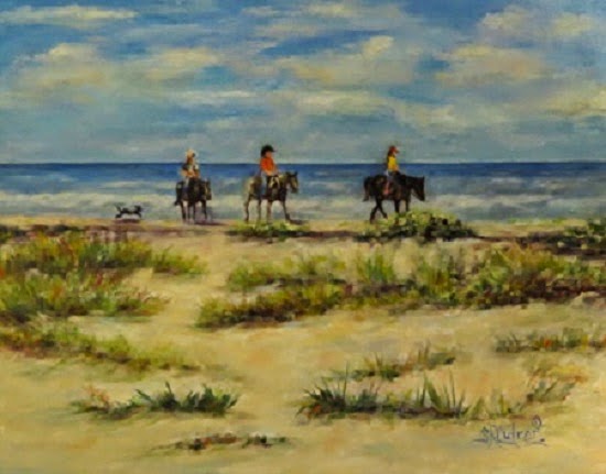 "Follow Me Boys" , horses,riders, dog, beach