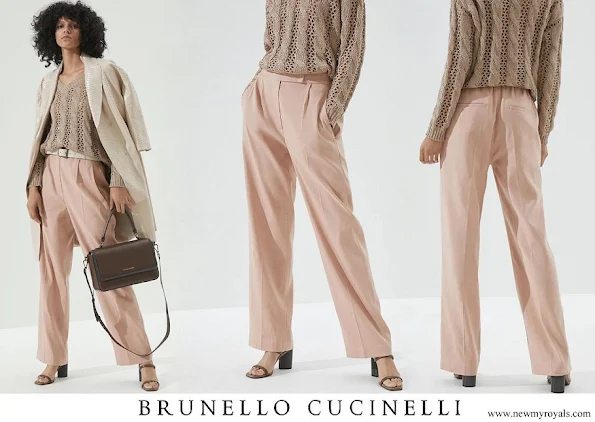 Princess Charlene wore Brunello Cucinelli comfort linen and cotton drill palazzo trousers