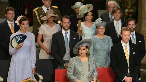 Members of the Grand Ducal Family of Luxembourg attended Te Deum Church Service, Maria Teresa, Grand Duke Guillaume and Grand Duchess Stephanie, Prince Louis and Princess Tessy, Prince Félix and Princess Claire
