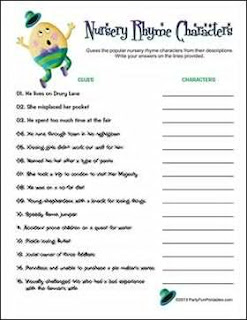character party game baby shower nursery rhymes guess the popular characters from ther descriptions wrrite your answers on the lines proviced concepting