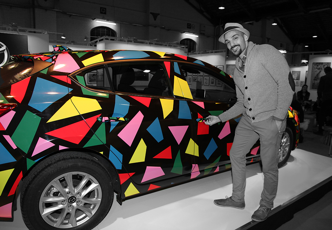Ben Heine Art on Mazda Car at Brussels Affordable Art Fair (lion made of circles and colorful abstract composition) - 2015
