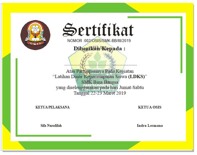 Contoh Banner LDKS SMK, contoh sertifikat LDKS, unduh