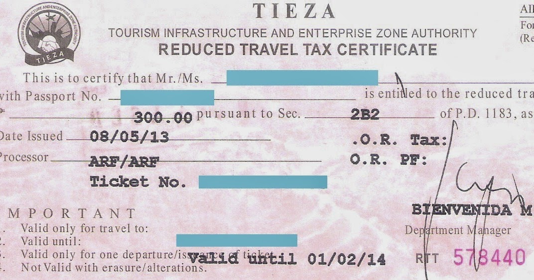 Philippine Travel Tax rates chart