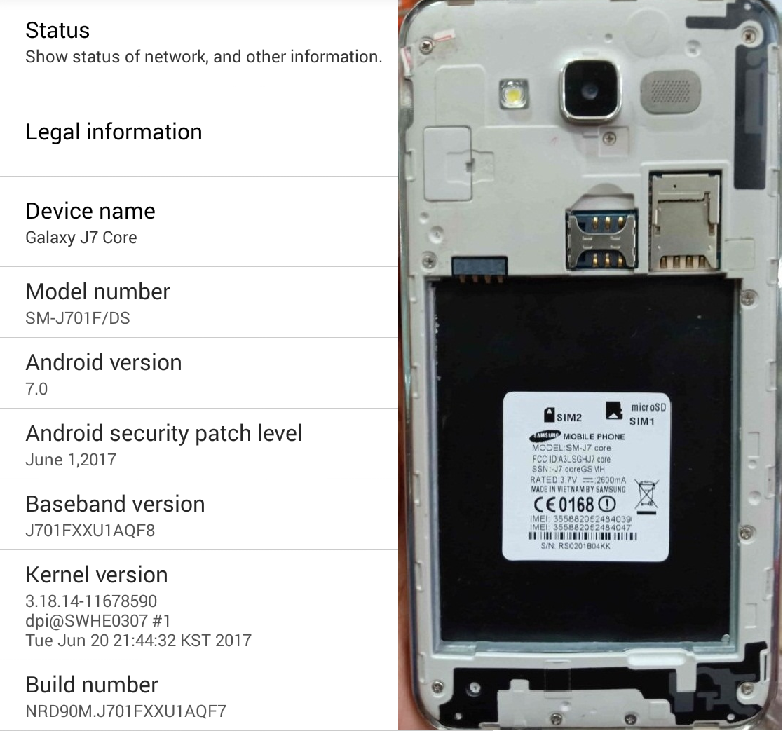j7 core screen size