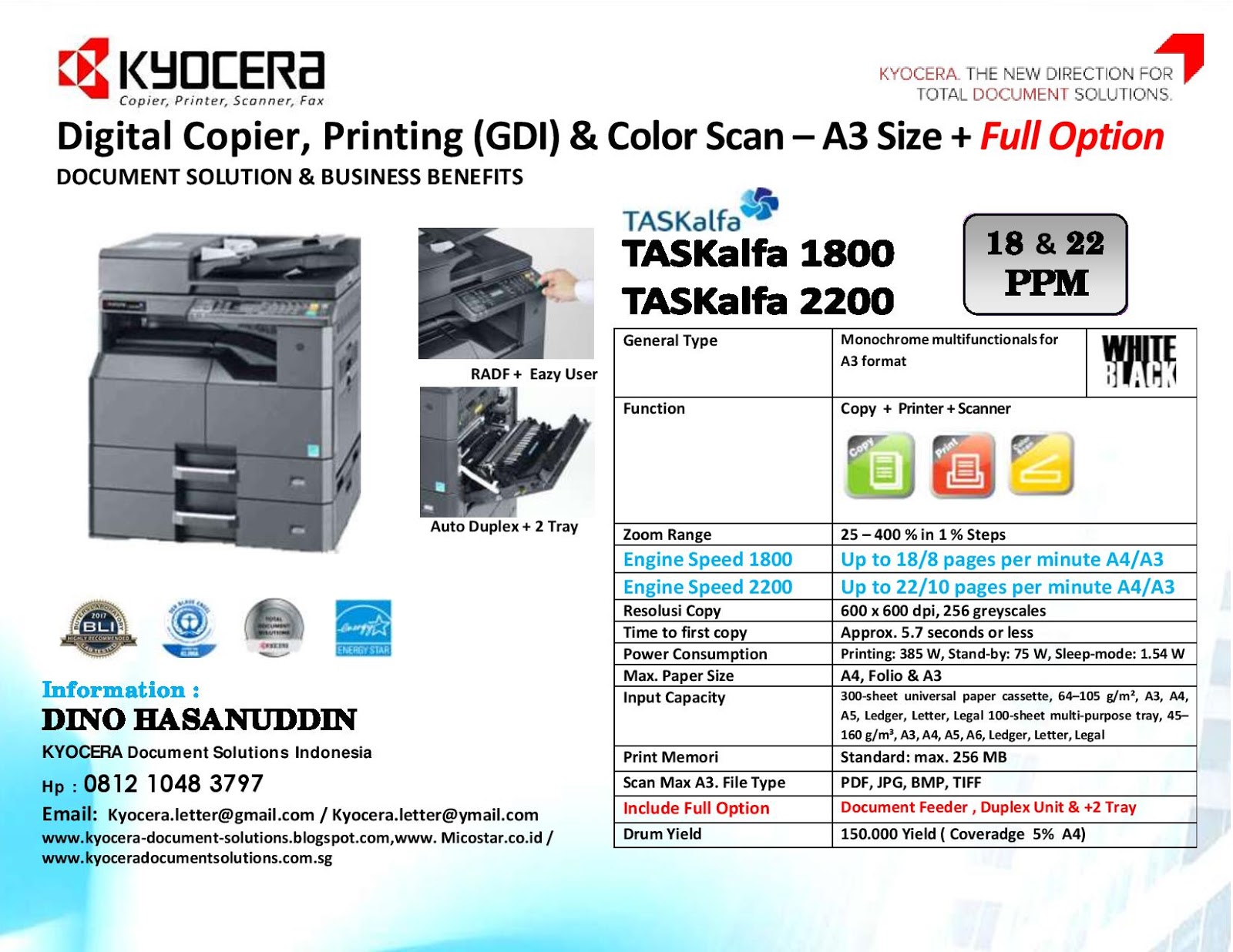 Kyocera Document Solutions KYOCERA TASKalfa 1800 & TASKalfa 2200 ( A3