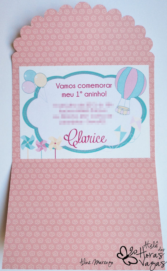 convite artesanal envelope infantil aniversário balões catavento bebê festa rosa azul