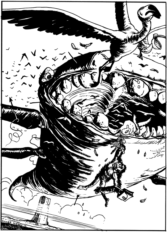 Frontispiece for The Eye of Zoltar, novel by Jasper Fforde. Roger Mason An illustration of a giant flying whale from the book The Eye of Zoltar by Jasper Fforde