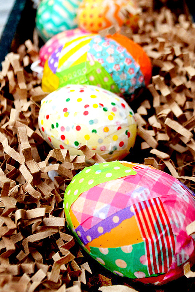 covering easter eggs with washi tape, colorful easter eggs, washi tape