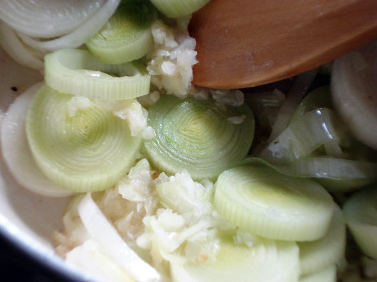 saute onion, leeks and celery in butter