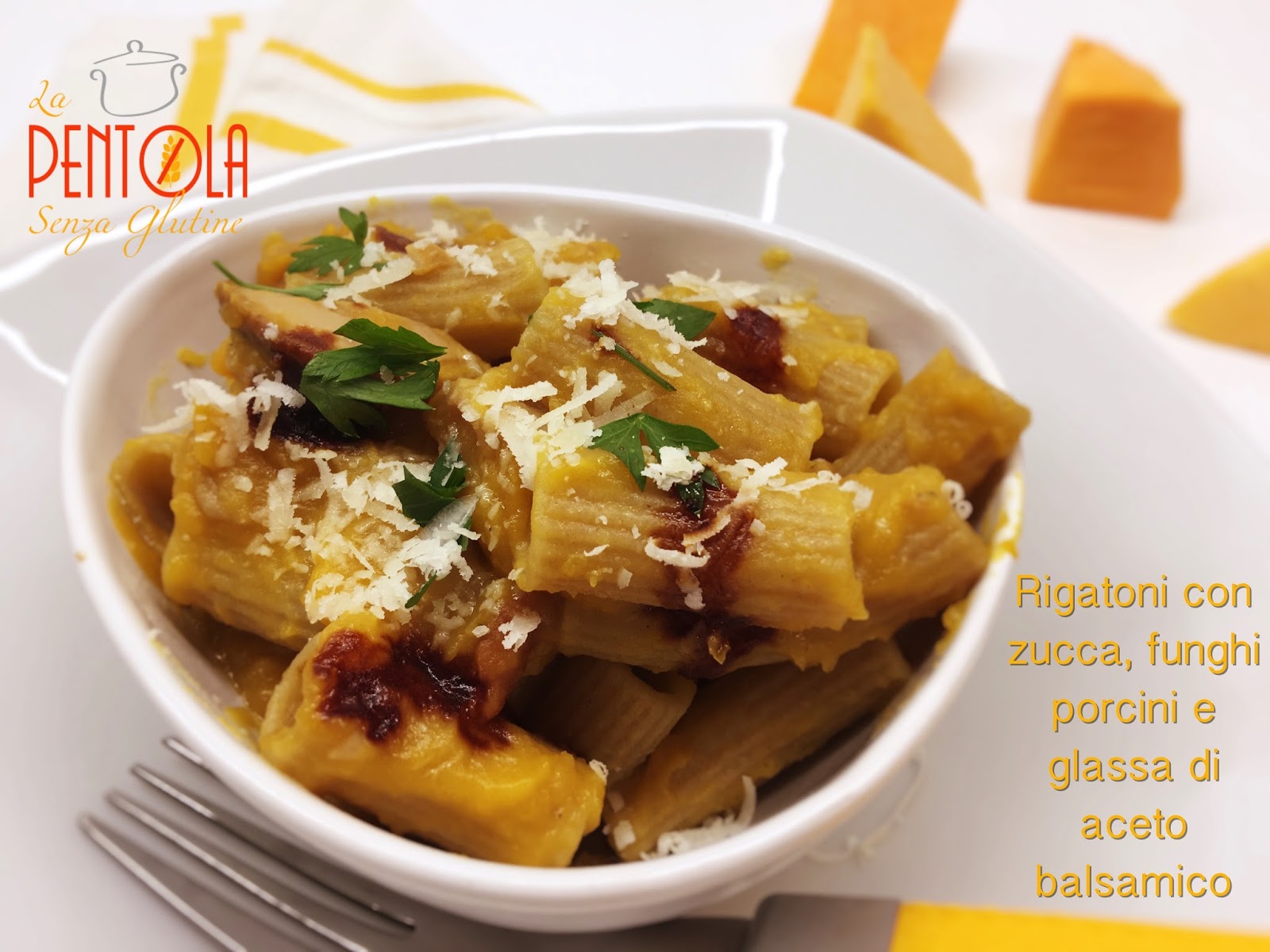 Rigatoni con zucca, funghi porcini e glassa di aceto balsamico
