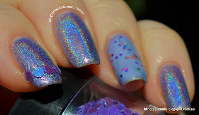 Girly Bits Twitterpated with Purple Circle Glitter accent nail