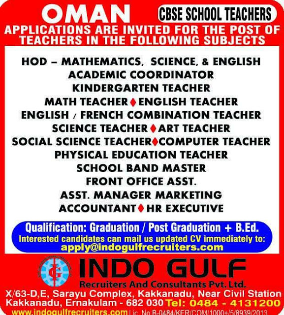 CBSE School Teacher Job Opportunities for OMan Gulf Jobs for Malayalees