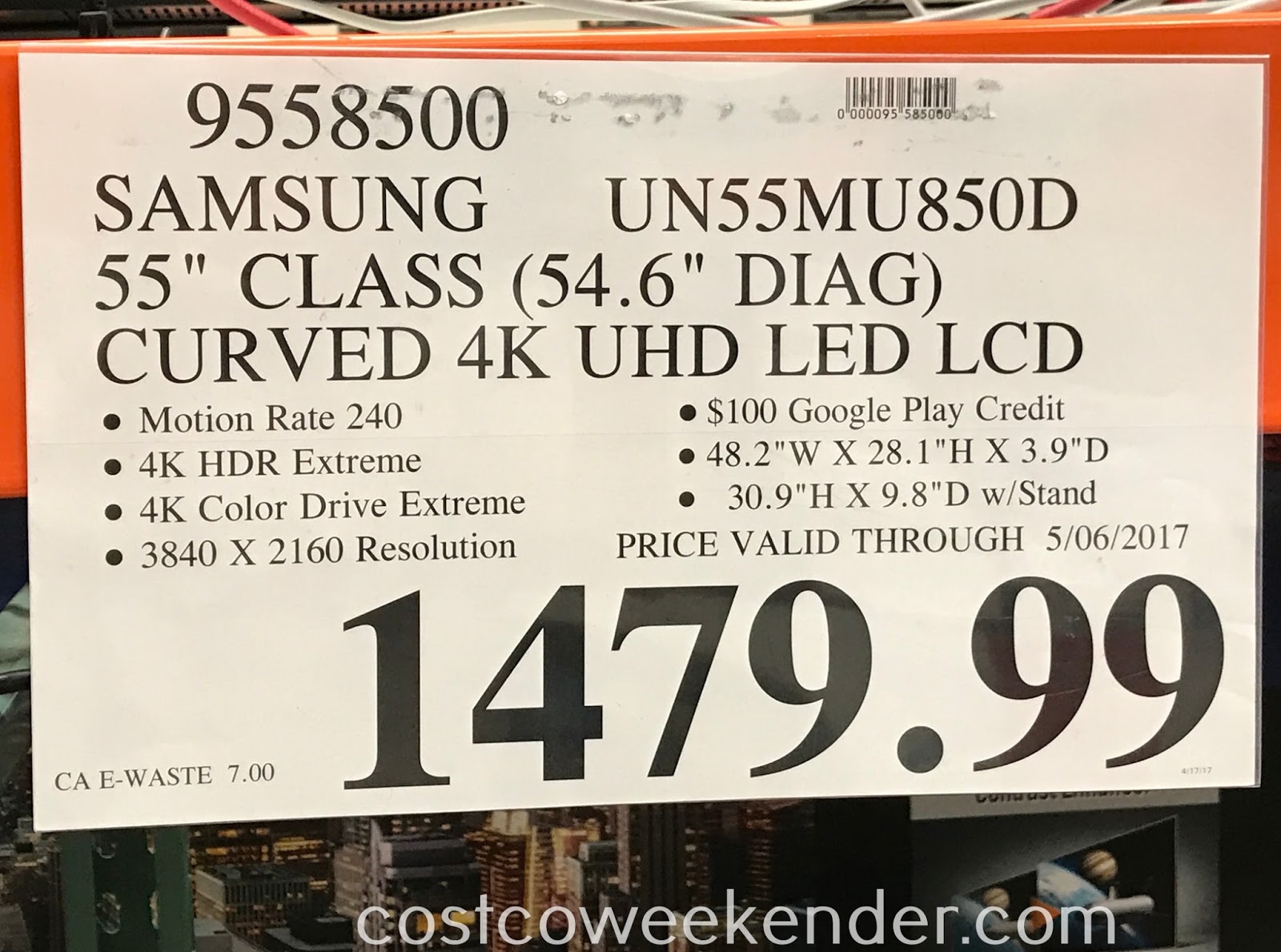 Samsung UN55MU850D 55" Curved 4K UHD LED LCD TV Costco Weekender