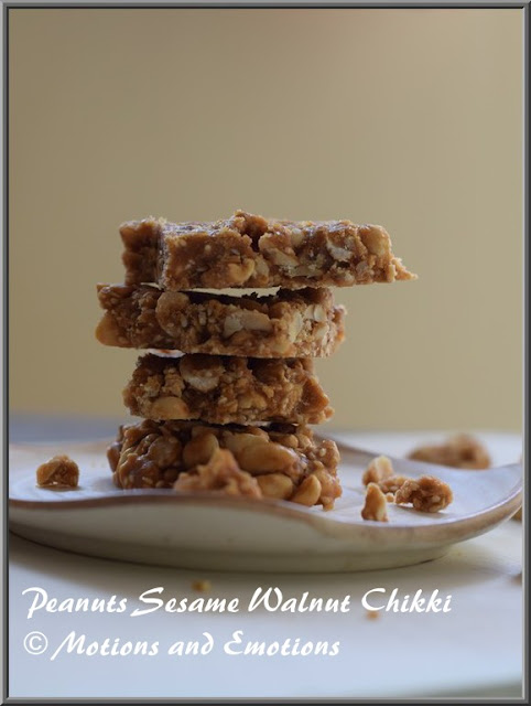 Peanut Sesame Walnut Chikki or Peanut Walnut Brittle with Sesame Seeds or Moongfali Akharot Til Gur Chikki